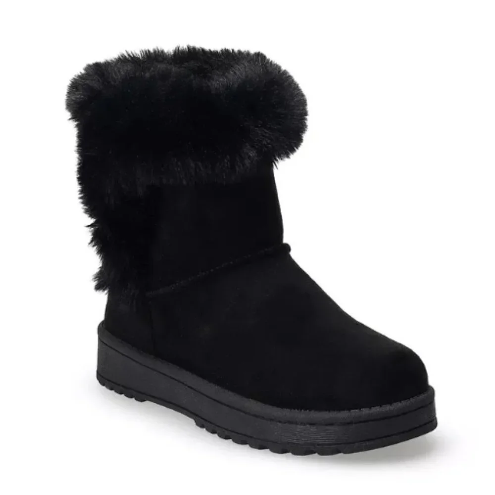 Sonoma Girls Alainaa Black Faux Fur Mid Shaft Winter Boots Size 13 Slip-On